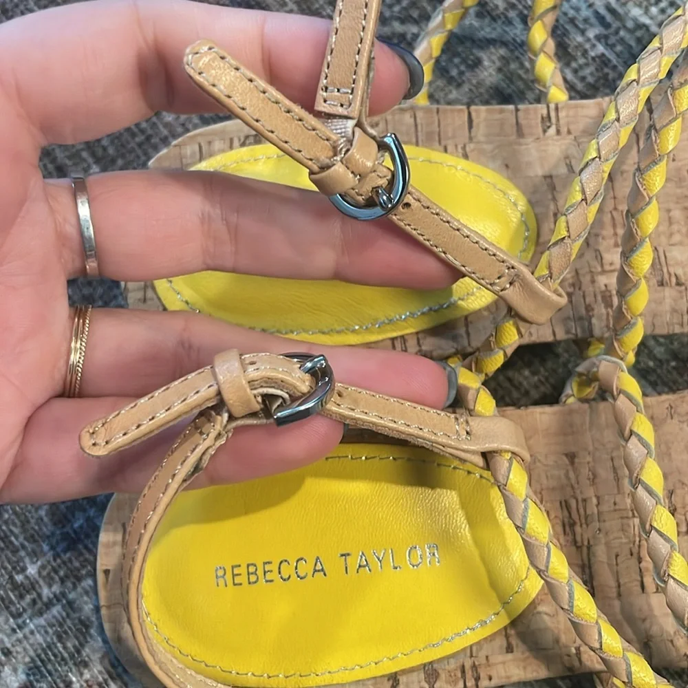 Rebecca Taylor Yellow Braided Leather Floral Cork Sandals Women's Size 6.5/7